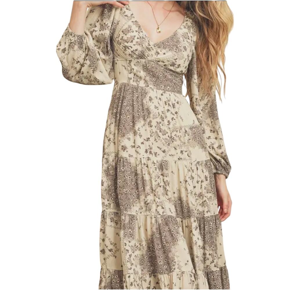 Dress Forum Long Sleeve Midi Tiered Dress Deep V-Neck Floral Beige Purple M NWT